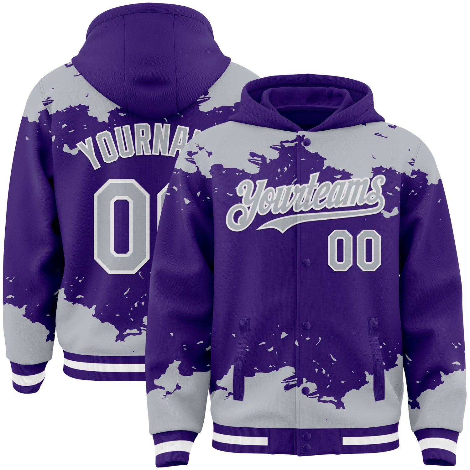 Custom Purple Gray-White Splash Art 3D Pattern Design Bomber Full-Snap Varsity Letterman Hoodie Jacket