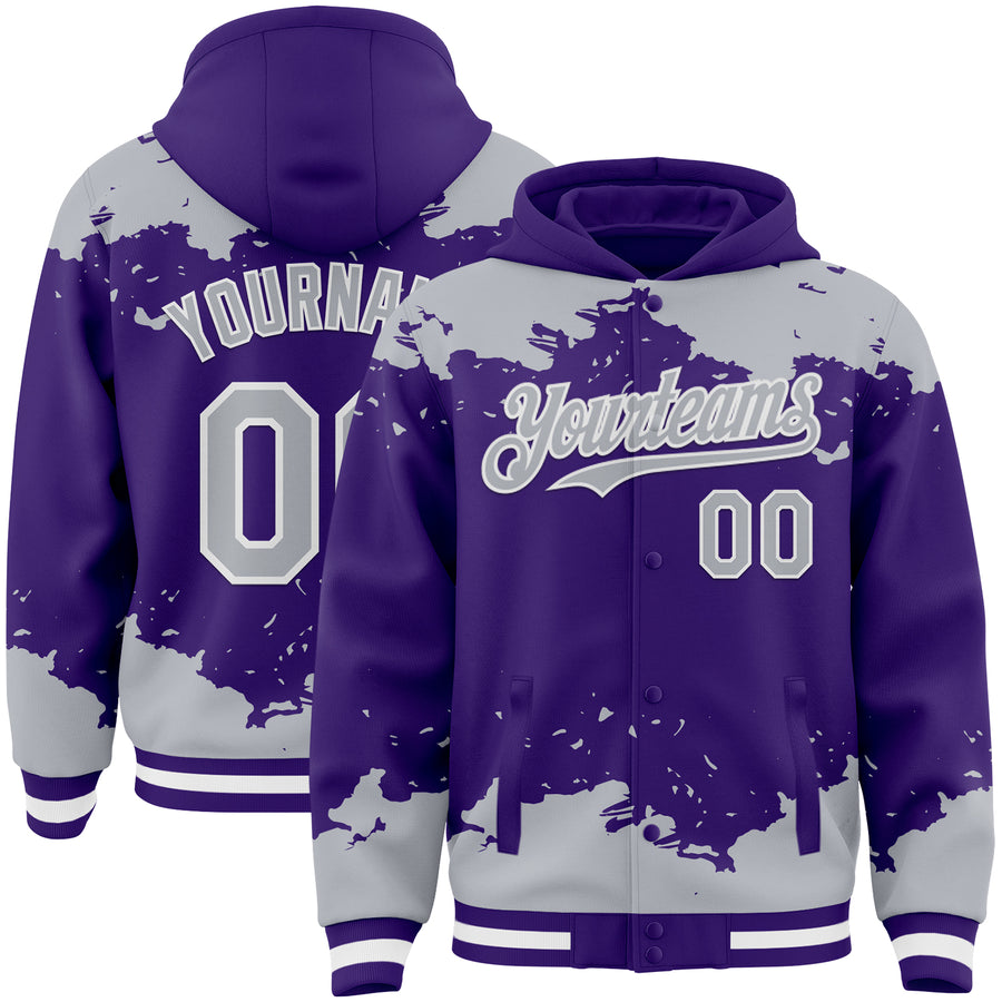 Custom Purple Gray-White Splash Art 3D Pattern Design Bomber Full-Snap Varsity Letterman Hoodie Jacket