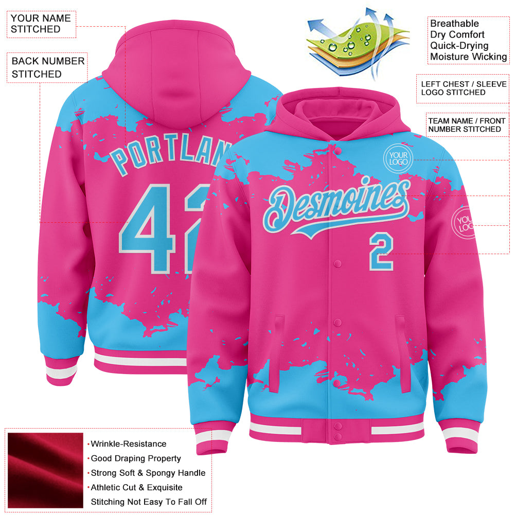 Custom Pink Sky Blue-White Splash Art 3D Pattern Design Bomber Full-Snap Varsity Letterman Hoodie Jacket