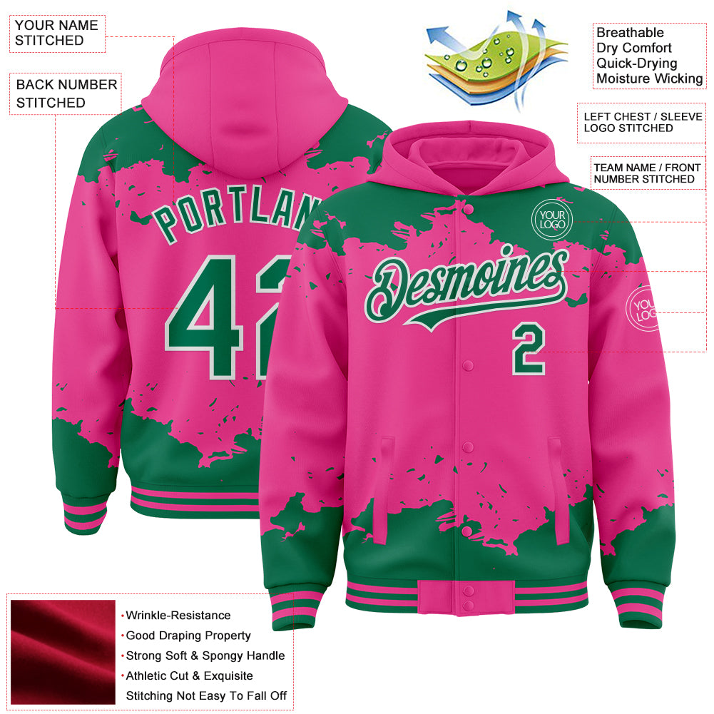 Custom Pink Kelly Green-White Splash Art 3D Pattern Design Bomber Full-Snap Varsity Letterman Hoodie Jacket