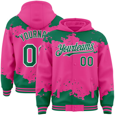 Custom Pink Kelly Green-White Splash Art 3D Pattern Design Bomber Full-Snap Varsity Letterman Hoodie Jacket