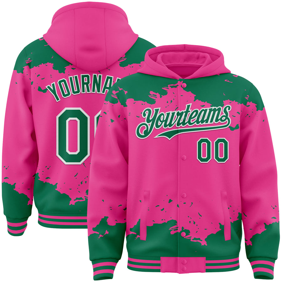 Custom Pink Kelly Green-White Splash Art 3D Pattern Design Bomber Full-Snap Varsity Letterman Hoodie Jacket