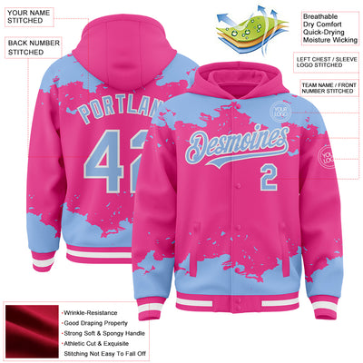 Custom Pink Light Blue-White Splash Art 3D Pattern Design Bomber Full-Snap Varsity Letterman Hoodie Jacket