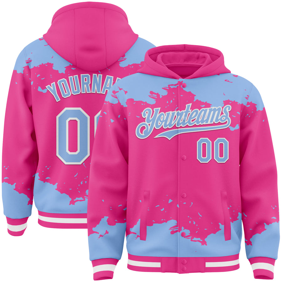 Custom Pink Light Blue-White Splash Art 3D Pattern Design Bomber Full-Snap Varsity Letterman Hoodie Jacket