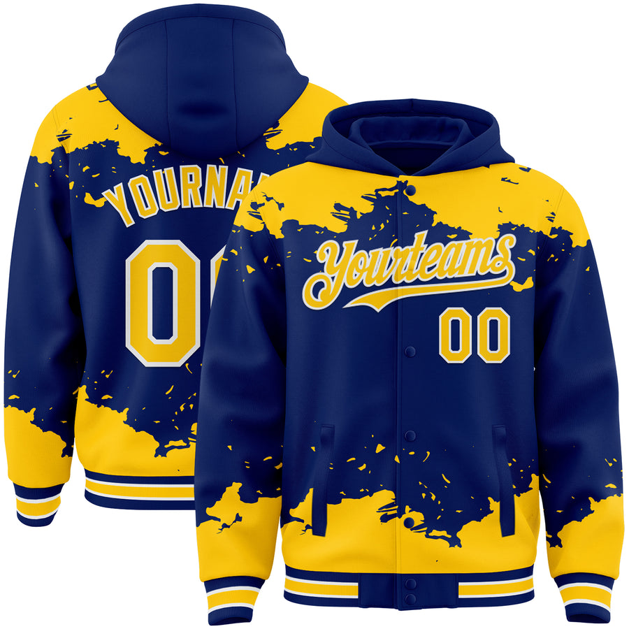 Custom Royal Yellow-White Splash Art 3D Pattern Design Bomber Full-Snap Varsity Letterman Hoodie Jacket