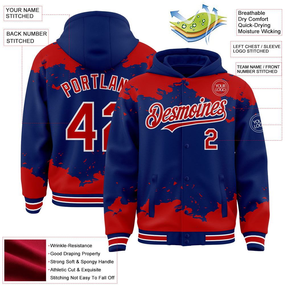 Custom Royal Red-White Splash Art 3D Pattern Design Bomber Full-Snap Varsity Letterman Hoodie Jacket