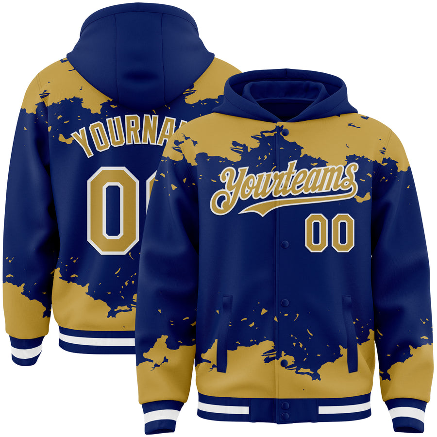 Custom Royal Old Gold-White Splash Art 3D Pattern Design Bomber Full-Snap Varsity Letterman Hoodie Jacket