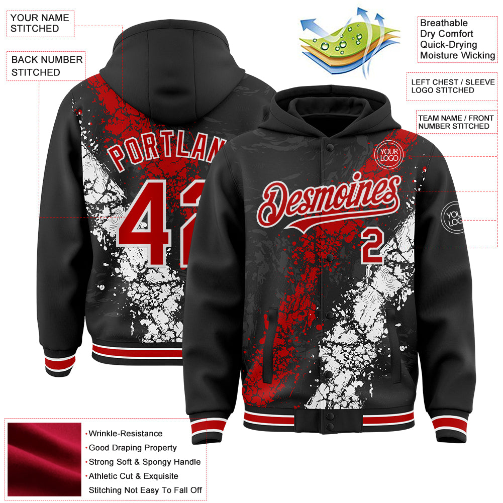 Custom Black Red-White Splash Art 3D Pattern Design Bomber Full-Snap Varsity Letterman Hoodie Jacket