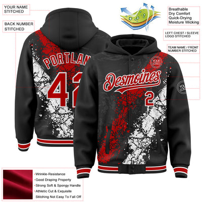 Custom Black Red-White Splash Art 3D Pattern Design Bomber Full-Snap Varsity Letterman Hoodie Jacket