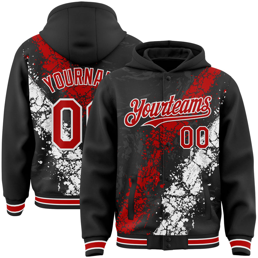 Custom Black Red-White Splash Art 3D Pattern Design Bomber Full-Snap Varsity Letterman Hoodie Jacket