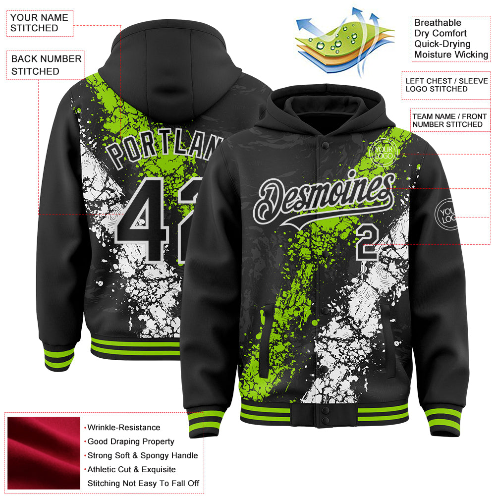 Custom Black Neon Green-White Splash Art 3D Pattern Design Bomber Full-Snap Varsity Letterman Hoodie Jacket