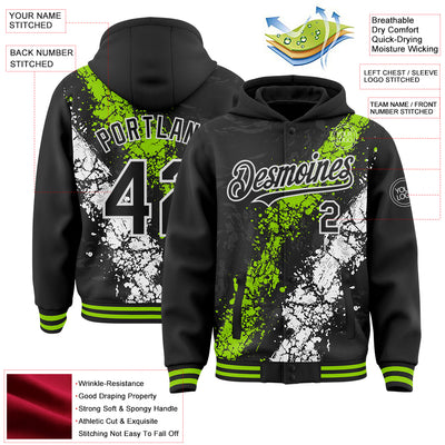 Custom Black Neon Green-White Splash Art 3D Pattern Design Bomber Full-Snap Varsity Letterman Hoodie Jacket