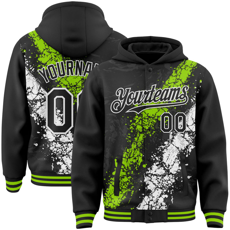 Custom Black Neon Green-White Splash Art 3D Pattern Design Bomber Full-Snap Varsity Letterman Hoodie Jacket