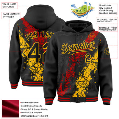 Custom Black Red-Gold Splash Art 3D Pattern Design Bomber Full-Snap Varsity Letterman Hoodie Jacket