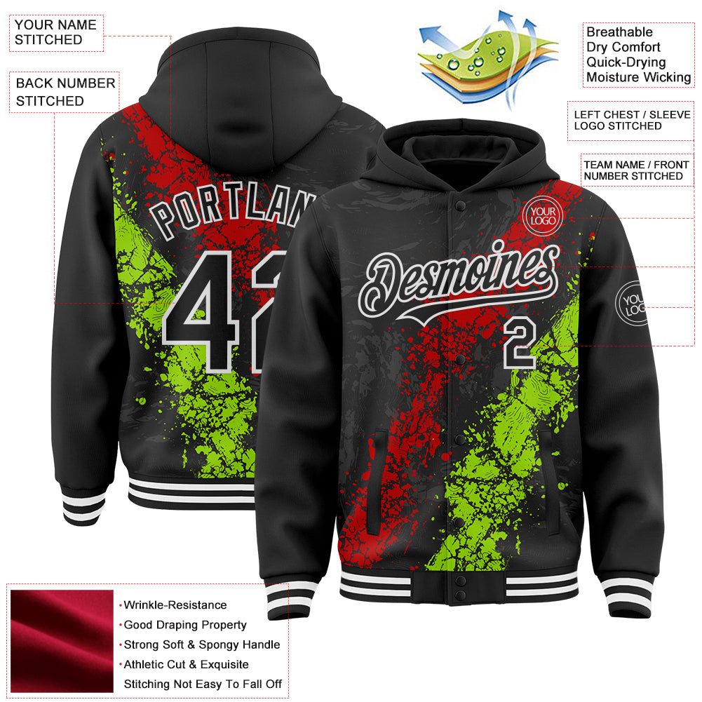 Custom Black Red Neon Green-White Splash Art 3D Pattern Design Bomber Full-Snap Varsity Letterman Hoodie Jacket