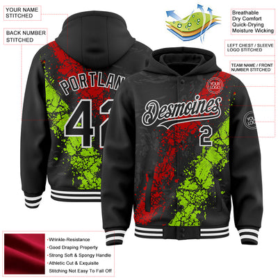 Custom Black Red Neon Green-White Splash Art 3D Pattern Design Bomber Full-Snap Varsity Letterman Hoodie Jacket