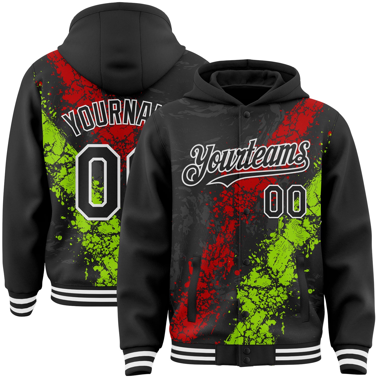 Custom Black Red Neon Green-White Splash Art 3D Pattern Design Bomber Full-Snap Varsity Letterman Hoodie Jacket