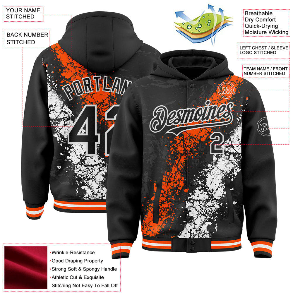 Custom Black Orange-White Splash Art 3D Pattern Design Bomber Full-Snap Varsity Letterman Hoodie Jacket