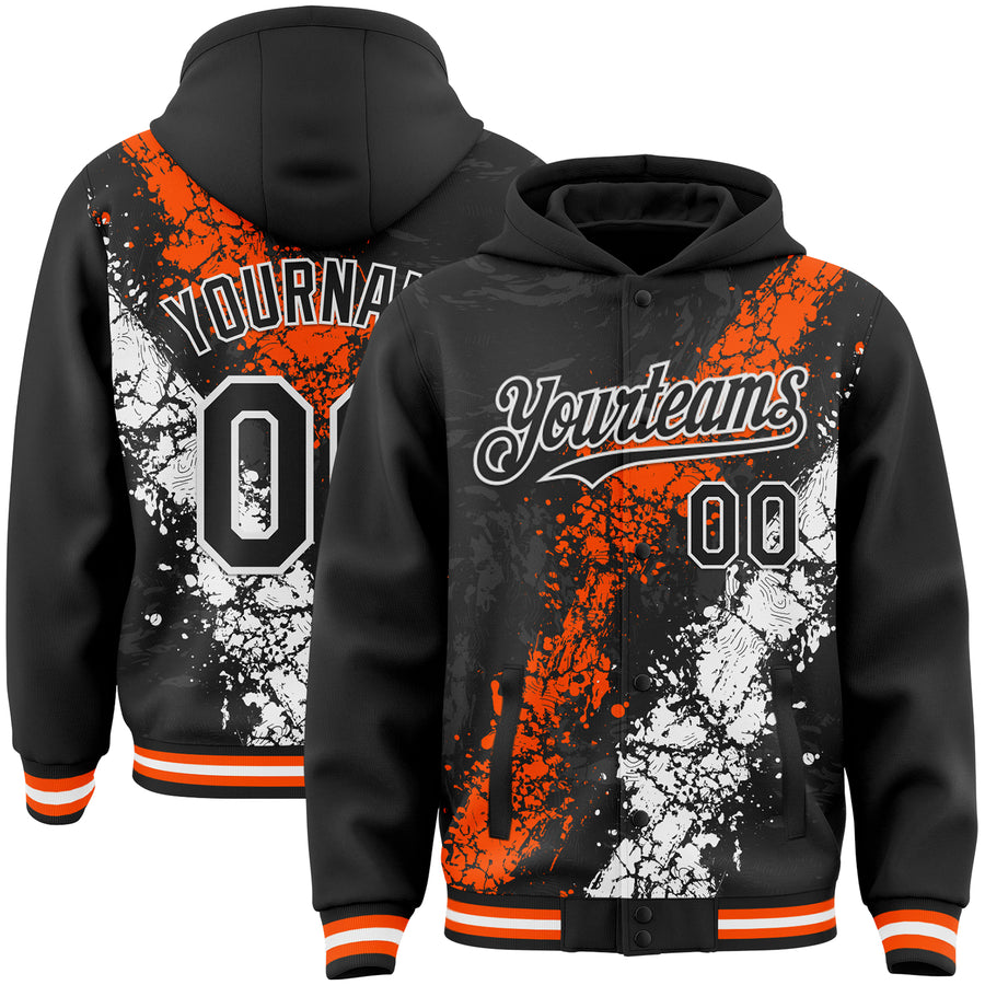 Custom Black Orange-White Splash Art 3D Pattern Design Bomber Full-Snap Varsity Letterman Hoodie Jacket
