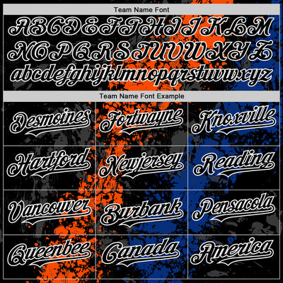 Custom Black Orange Royal-White Splash Art 3D Pattern Design Bomber Full-Snap Varsity Letterman Hoodie Jacket