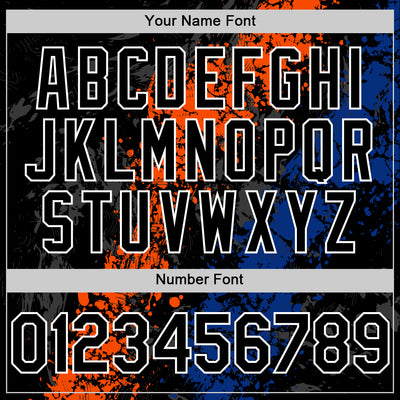 Custom Black Orange Royal-White Splash Art 3D Pattern Design Bomber Full-Snap Varsity Letterman Hoodie Jacket