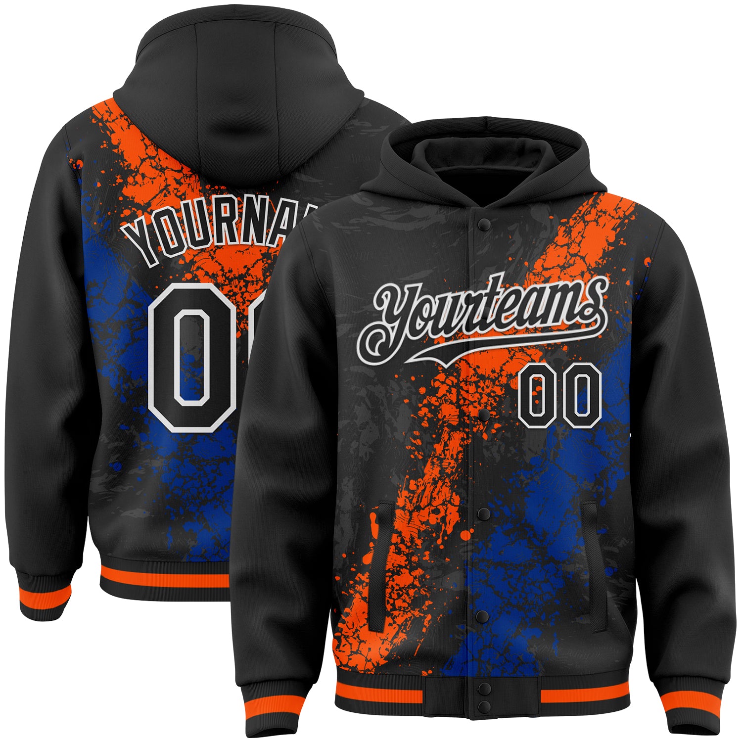 Custom Black Orange Royal-White Splash Art 3D Pattern Design Bomber Full-Snap Varsity Letterman Hoodie Jacket
