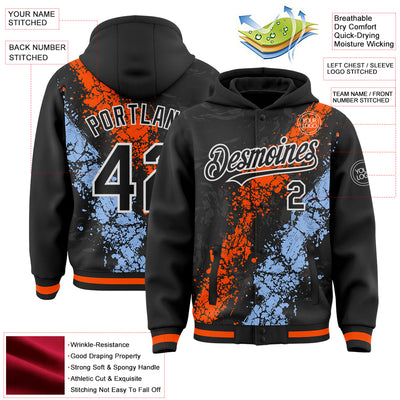Custom Black Orange Light Blue-White Splash Art 3D Pattern Design Bomber Full-Snap Varsity Letterman Hoodie Jacket