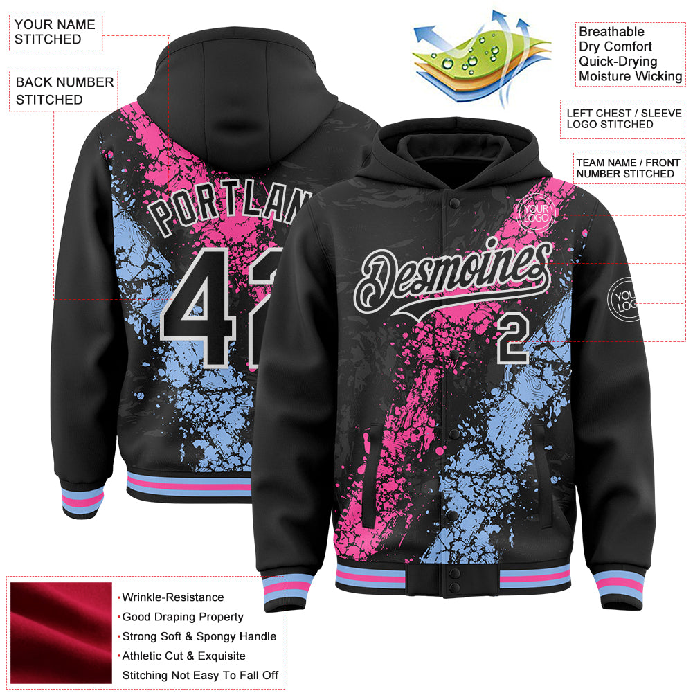 Custom Black Pink Light Blue-White Splash Art 3D Pattern Design Bomber Full-Snap Varsity Letterman Hoodie Jacket