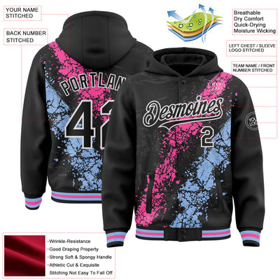 Custom Black Pink Light Blue-White Splash Art 3D Pattern Design Bomber Full-Snap Varsity Letterman Hoodie Jacket
