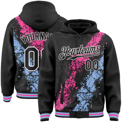 Custom Black Pink Light Blue-White Splash Art 3D Pattern Design Bomber Full-Snap Varsity Letterman Hoodie Jacket