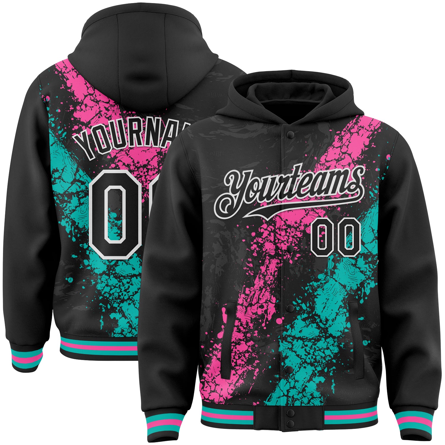 Custom Black Pink Aqua-White Splash Art 3D Pattern Design Bomber Full-Snap Varsity Letterman Hoodie Jacket