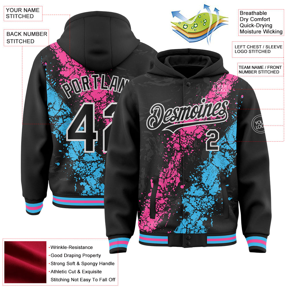 Custom Black Pink Sky Blue-White Splash Art 3D Pattern Design Bomber Full-Snap Varsity Letterman Hoodie Jacket