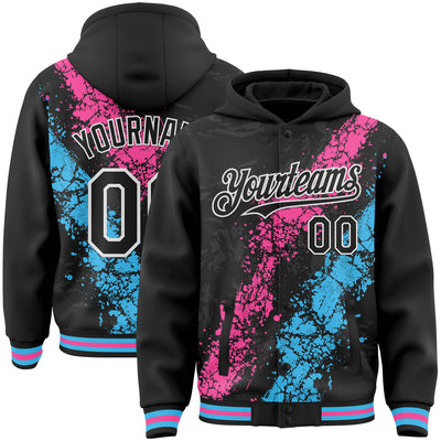 Custom Black Pink Sky Blue-White Splash Art 3D Pattern Design Bomber Full-Snap Varsity Letterman Hoodie Jacket