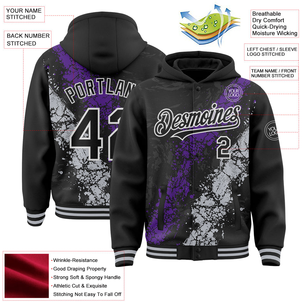 Custom Black Purple Gray-White Splash Art 3D Pattern Design Bomber Full-Snap Varsity Letterman Hoodie Jacket