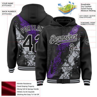 Custom Black Purple Gray-White Splash Art 3D Pattern Design Bomber Full-Snap Varsity Letterman Hoodie Jacket
