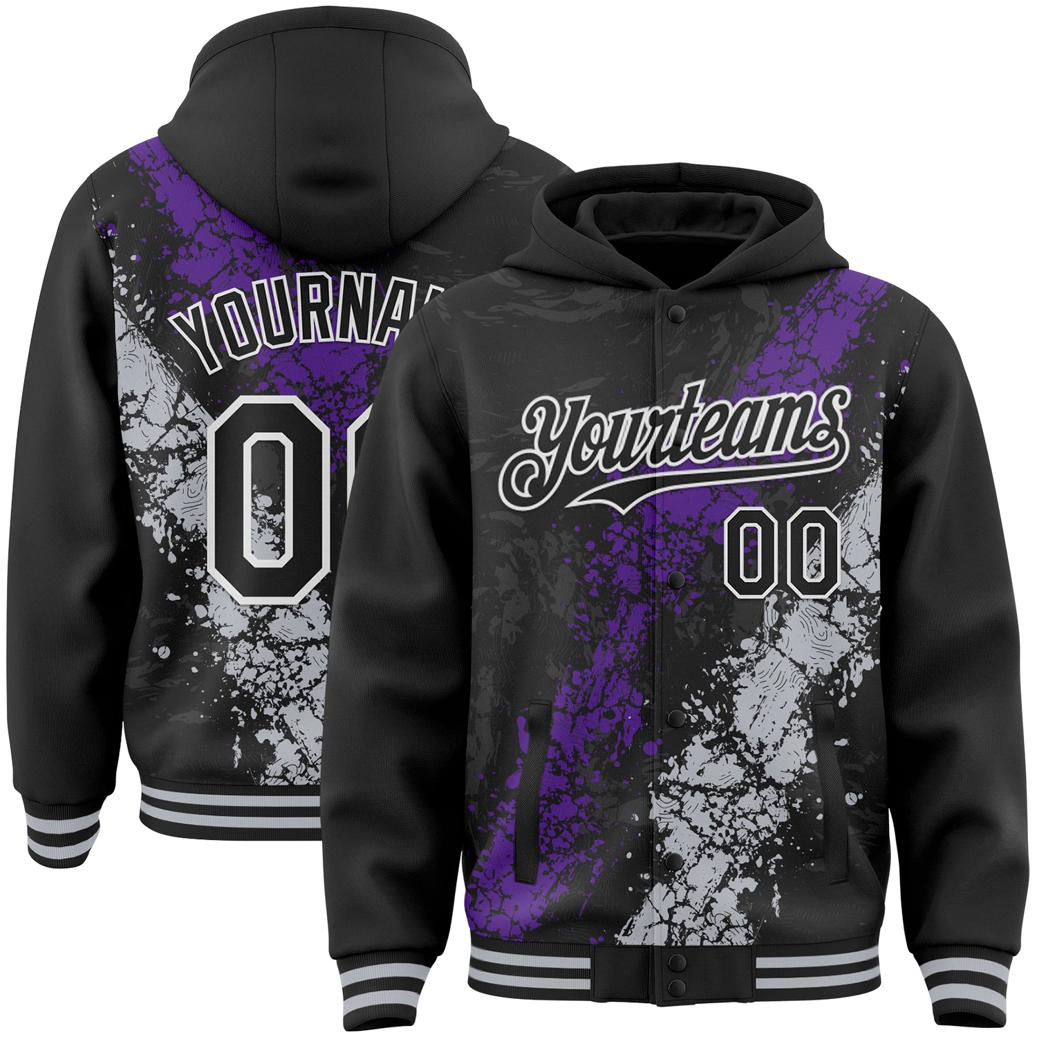 Custom Black Purple Gray-White Splash Art 3D Pattern Design Bomber Full-Snap Varsity Letterman Hoodie Jacket