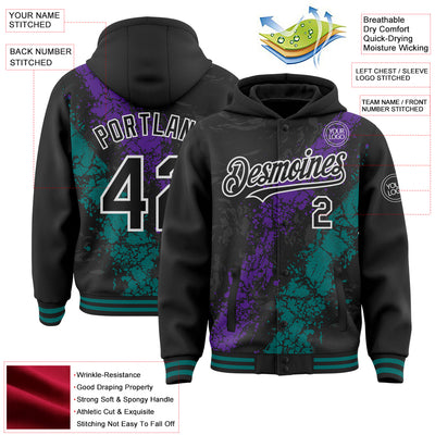Custom Black Purple Teal-White Splash Art 3D Pattern Design Bomber Full-Snap Varsity Letterman Hoodie Jacket