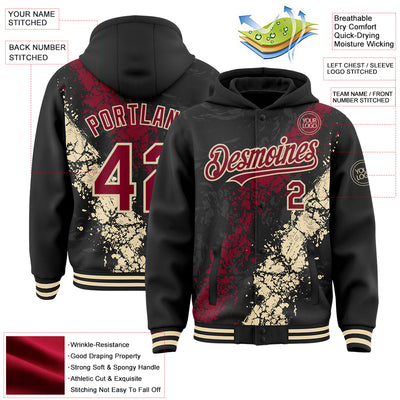 Custom Black Crimson-Cream Splash Art 3D Pattern Design Bomber Full-Snap Varsity Letterman Hoodie Jacket