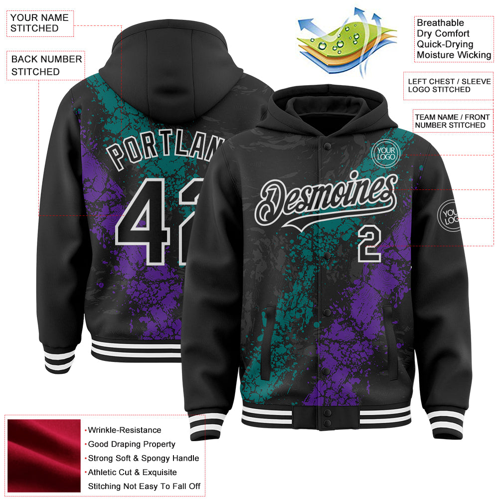 Custom Black Teal Purple-White Splash Art 3D Pattern Design Bomber Full-Snap Varsity Letterman Hoodie Jacket