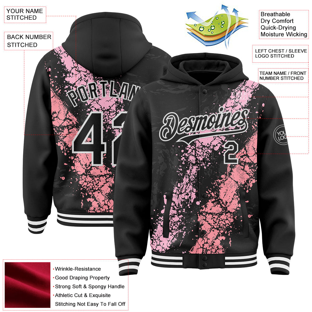 Custom Black Light Pink Medium Pink-White Splash Art 3D Pattern Design Bomber Full-Snap Varsity Letterman Hoodie Jacket