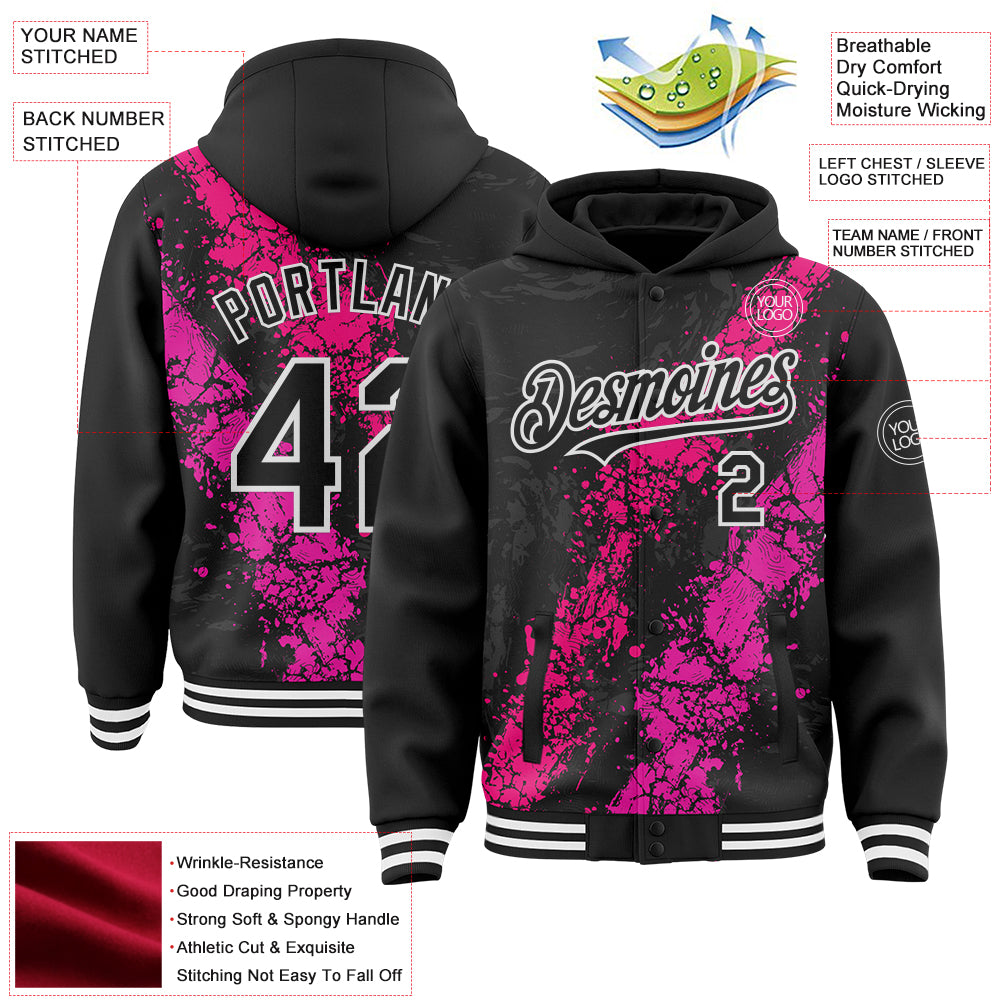 Custom Black Hot Pink Deep Pink-White Splash Art 3D Pattern Design Bomber Full-Snap Varsity Letterman Hoodie Jacket