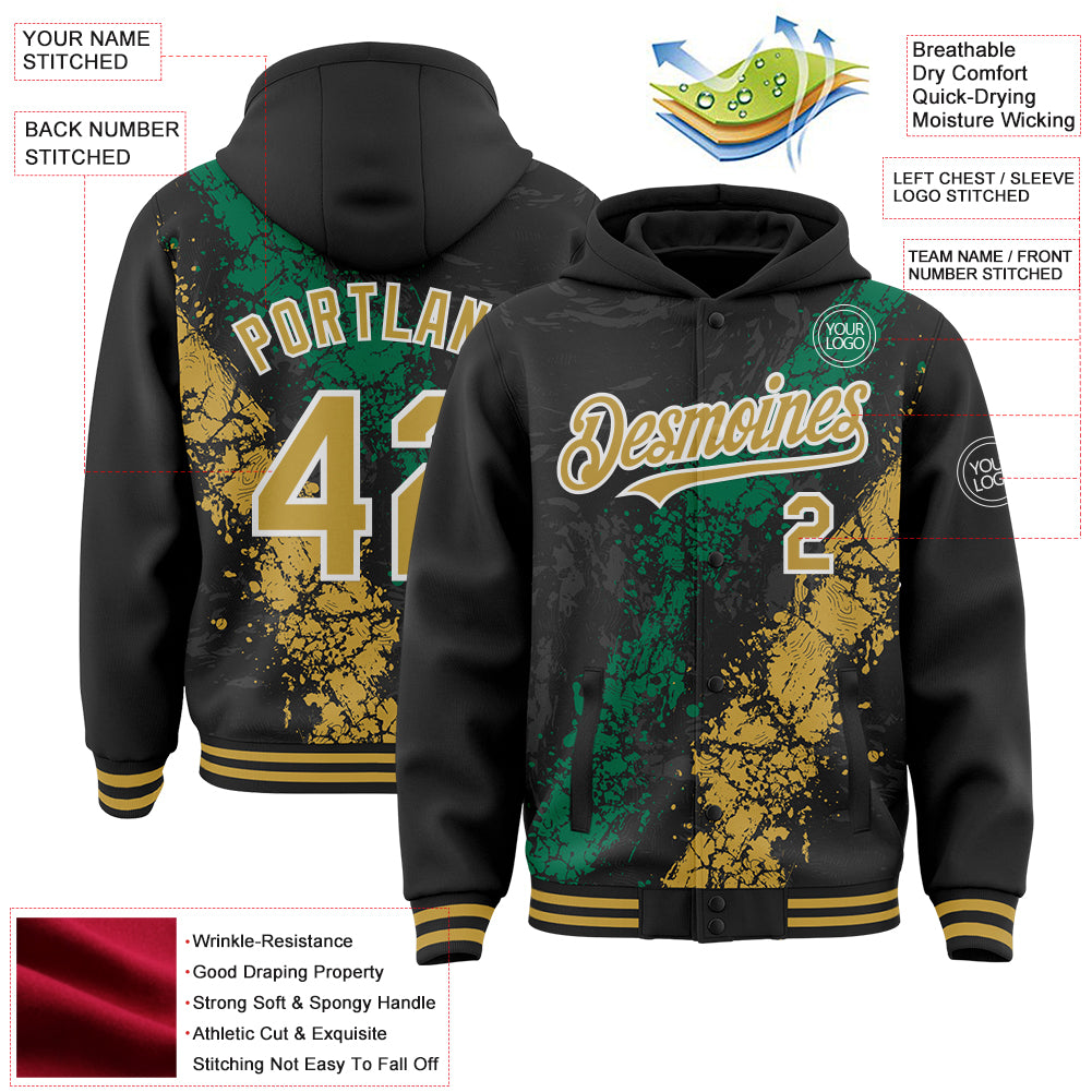 Custom Black Old Gold Kelly Green-White Splash Art 3D Pattern Design Bomber Full-Snap Varsity Letterman Hoodie Jacket