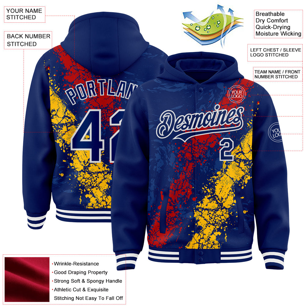 Custom Royal Red Gold-White Splash Art 3D Pattern Design Bomber Full-Snap Varsity Letterman Hoodie Jacket