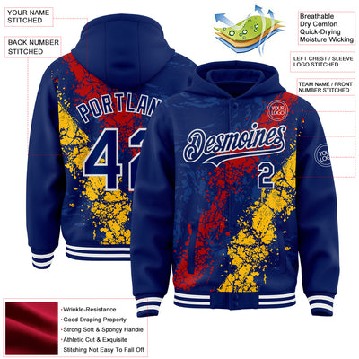 Custom Royal Red Gold-White Splash Art 3D Pattern Design Bomber Full-Snap Varsity Letterman Hoodie Jacket