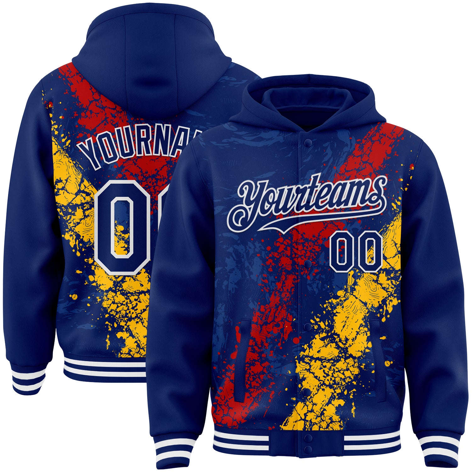 Custom Royal Red Gold-White Splash Art 3D Pattern Design Bomber Full-Snap Varsity Letterman Hoodie Jacket