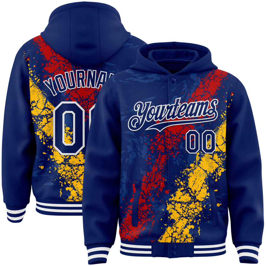 Custom Royal Red Gold-White Splash Art 3D Pattern Design Bomber Full-Snap Varsity Letterman Hoodie Jacket