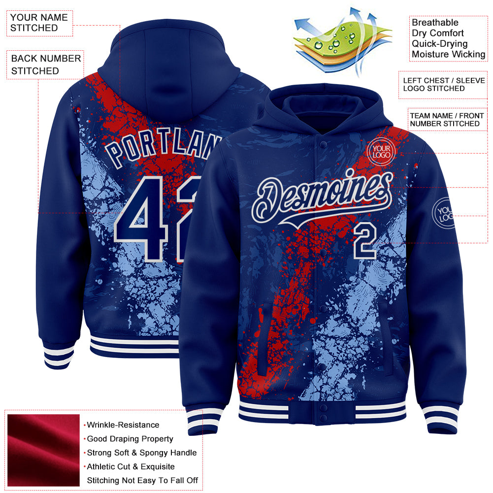 Custom Royal Red Light Blue-White Splash Art 3D Pattern Design Bomber Full-Snap Varsity Letterman Hoodie Jacket