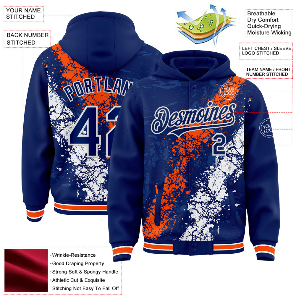 Custom Royal Orange-White Splash Art 3D Pattern Design Bomber Full-Snap Varsity Letterman Hoodie Jacket