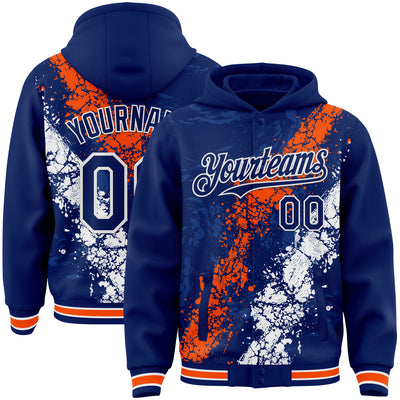 Custom Royal Orange-White Splash Art 3D Pattern Design Bomber Full-Snap Varsity Letterman Hoodie Jacket