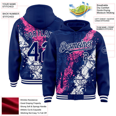 Custom Royal Pink-White Splash Art 3D Pattern Design Bomber Full-Snap Varsity Letterman Hoodie Jacket